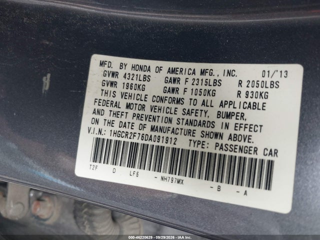 2013 Honda Accord Ex მანქანა იყიდება აუქციონზე, vin: 1HGCR2F76DA091912, აუქციონის ნომერი: 46220629