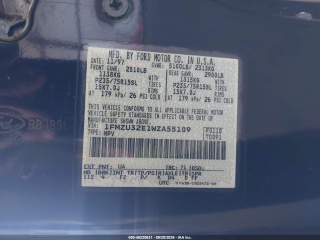 Продажа на аукционе авто 1998 Ford Explorer Eddie Bauer/limited/xl/xlt, vin: 1FMZU32E1WZA55109, номер лота: 46220631
