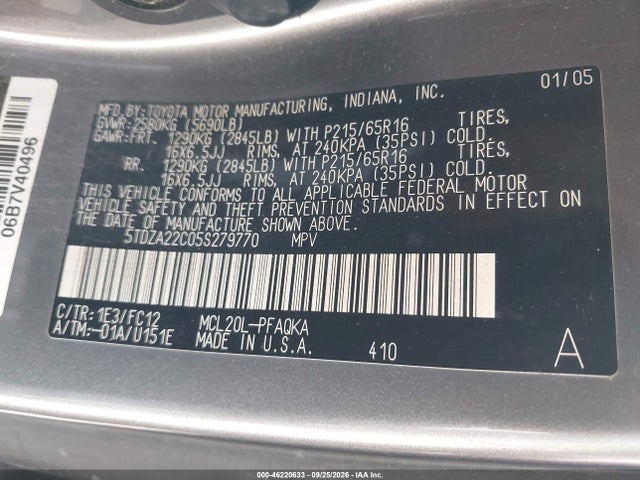Продажа на аукционе авто 2005 Toyota Sienna Xle, vin: 5TDZA22C05S279770, номер лота: 46220633