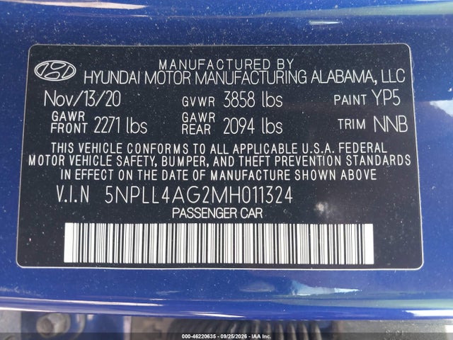 2021 Hyundai Elantra Se მანქანა იყიდება აუქციონზე, vin: 5NPLL4AG2MH011324, აუქციონის ნომერი: 46220635