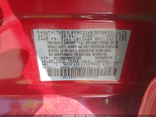 Продаж на аукціоні авто 2021 Nissan Sentra Sr Xtronic Cvt, vin: 3N1AB8DV5MY321923, номер лоту: 46220646