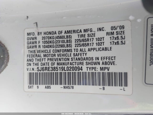 46220648 :رقم المزاد ، 5J6RE38519L020094 vin ، 2009 Honda Cr-v Ex مزاد بيع
