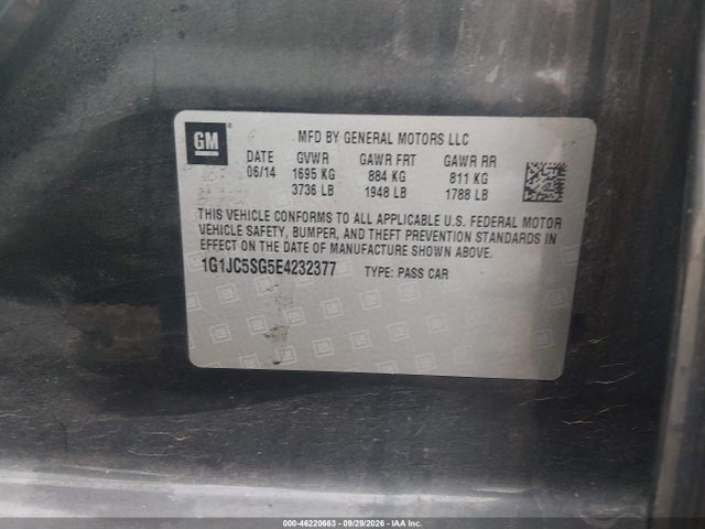 46220663 :رقم المزاد ، 1G1JC5SG5E4232377 vin ، 2014 Chevrolet Sonic Lt Auto مزاد بيع