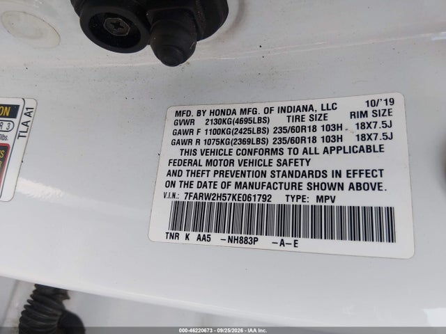 46220673 :رقم المزاد ، 7FARW2H57KE061792 vin ، 2019 Honda Cr-v Ex مزاد بيع