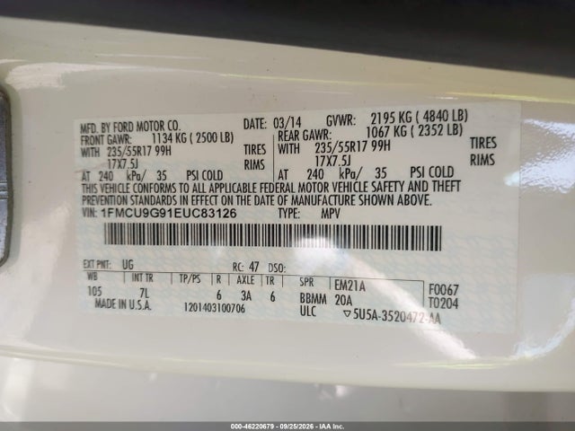 2014 Ford Escape Se მანქანა იყიდება აუქციონზე, vin: 1FMCU9G91EUC83126, აუქციონის ნომერი: 46220679