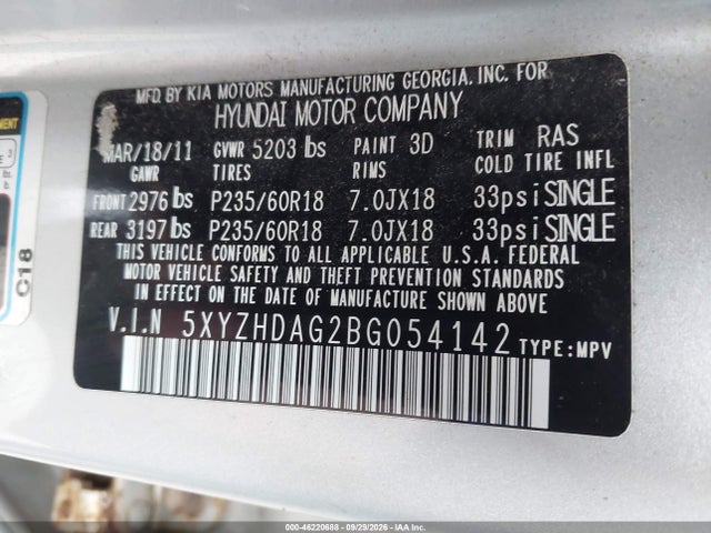 Продаж на аукціоні авто 2011 Hyundai Santa Fe Se, vin: 5XYZHDAG2BG054142, номер лоту: 46220688