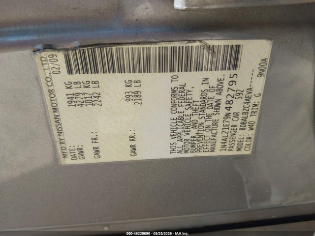 2009 Nissan Altima 2.5 S მანქანა იყიდება აუქციონზე, vin: 1N4AL21E79N482795, აუქციონის ნომერი: 46220690