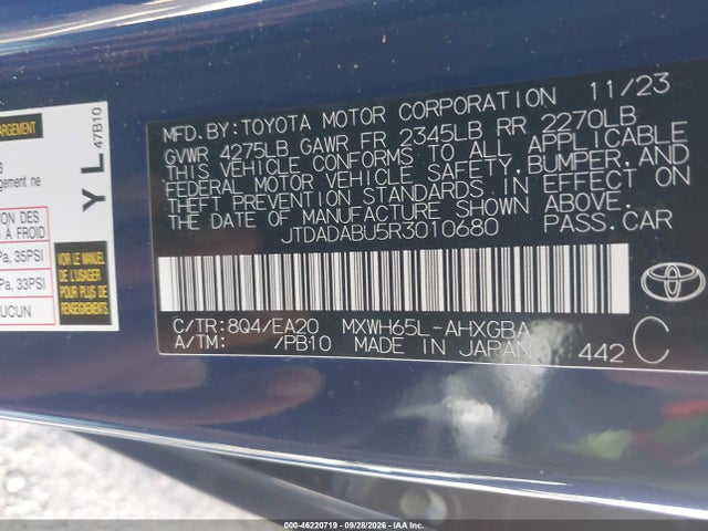 46220719 :رقم المزاد ، JTDADABU5R3010680 vin ، 2024 Toyota Prius Xle Awd-e مزاد بيع