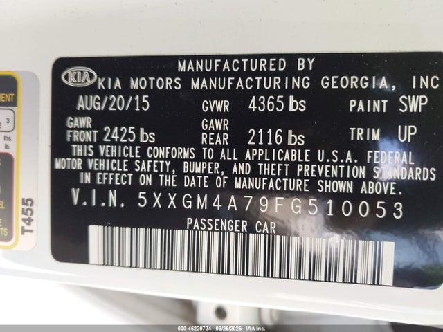 46220724 :رقم المزاد ، 5XXGM4A79FG510053 vin ، 2015 Kia Optima Lx مزاد بيع