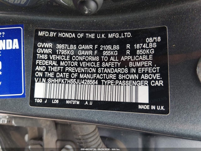 46220726 :رقم المزاد ، SHHFK7H55JU428564 vin ، 2018 Honda Civic Ex مزاد بيع