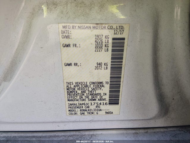 Aukcja sprzedaży 2018 Nissan Altima 2.5 Sl, vin: 1N4AL3AP6JC175416, numer aukcji: 46220732
