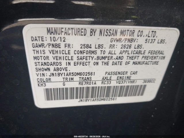 Aukcja sprzedaży 2013 Infiniti M37x, vin: JN1BY1AR5DM602561, numer aukcji: 46220734