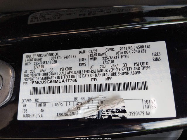 46220740 :رقم المزاد ، 1FMCU9G66MUA17766 vin ، 2021 Ford Escape Se مزاد بيع
