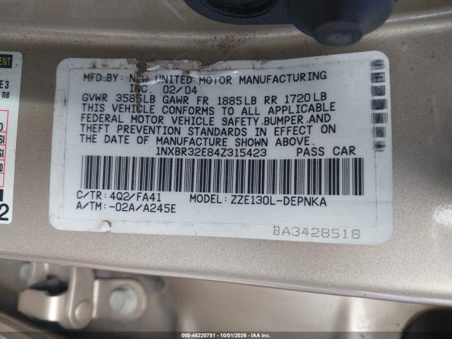46220751 :رقم المزاد ، 1NXBR32E84Z315423 vin ، 2004 Toyota Corolla Le مزاد بيع