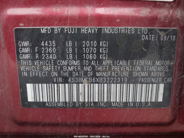 46220765 :رقم المزاد ، 4S3BMCB6XB3222319 vin ، 2011 Subaru Legacy 2.5i Premium مزاد بيع