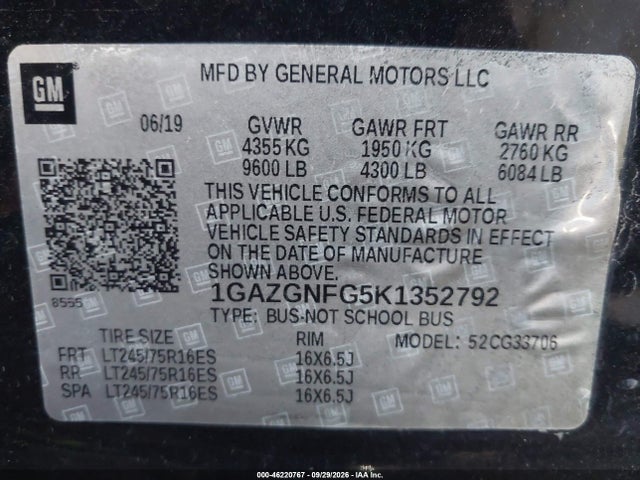 2019 Chevrolet Express 3500 Ls მანქანა იყიდება აუქციონზე, vin: 1GAZGNFG5K1352792, აუქციონის ნომერი: 46220767