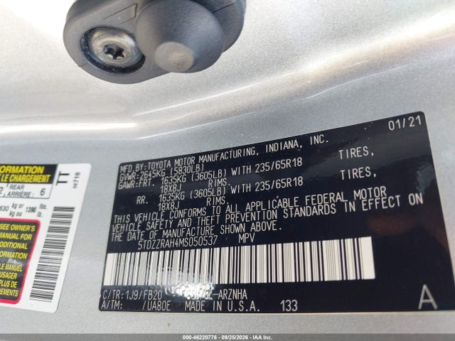 46220776 :رقم المزاد ، 5TDZZRAH4MS050537 vin ، 2021 Toyota Highlander Le مزاد بيع