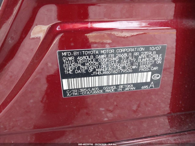 Продаж на аукціоні авто 2008 Lexus Es 350, vin: JTHBJ46G182179536, номер лоту: 46220786