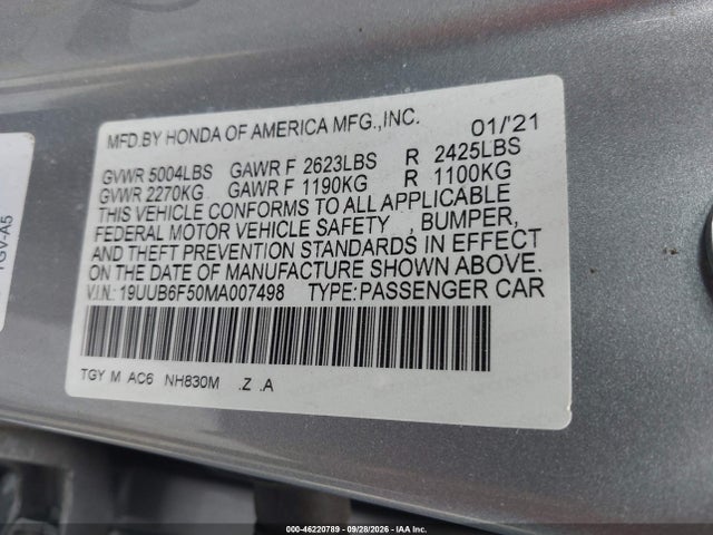 2021 Acura Tlx A-spec Package მანქანა იყიდება აუქციონზე, vin: 19UUB6F50MA007498, აუქციონის ნომერი: 46220789