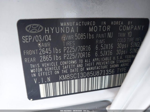 Продажа на аукционе авто 2005 Hyundai Santa Fe Gls, vin: KM8SC13D85U871356, номер лота: 46220803