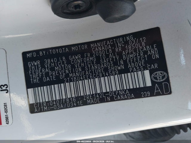 Продаж на аукціоні авто 2012 Toyota Corolla Le, vin: 2T1BU4EE6CC814589, номер лоту: 46220804