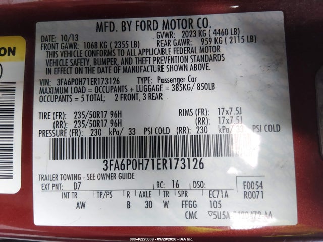 46220808 :رقم المزاد ، 3FA6P0H71ER173126 vin ، 2014 Ford Fusion Se مزاد بيع
