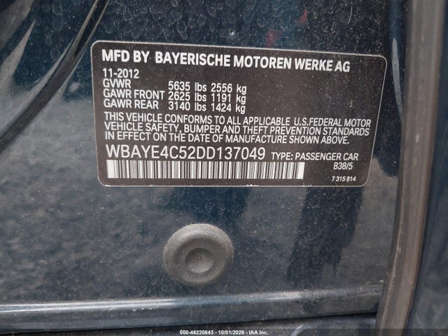 Aukcja sprzedaży 2013 Bmw 740li, vin: WBAYE4C52DD137049, numer aukcji: 46220843