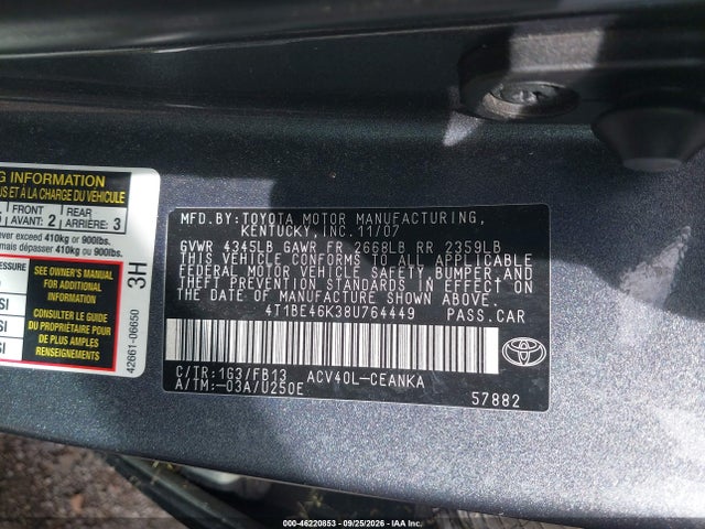 46220853 :رقم المزاد ، 4T1BE46K38U764449 vin ، 2008 Toyota Camry Le مزاد بيع