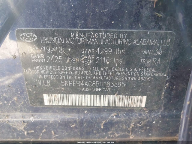 2011 Hyundai Sonata Gls მანქანა იყიდება აუქციონზე, vin: 5NPEB4AC8BH183895, აუქციონის ნომერი: 46220865