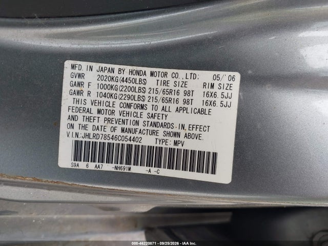 Aukcja sprzedaży 2006 Honda Cr-v Lx, vin: JHLRD78546C054402, numer aukcji: 46220871