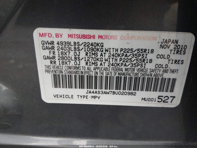 2011 Mitsubishi Outlander Se მანქანა იყიდება აუქციონზე, vin: JA4AS3AW7BU020982, აუქციონის ნომერი: 46220874