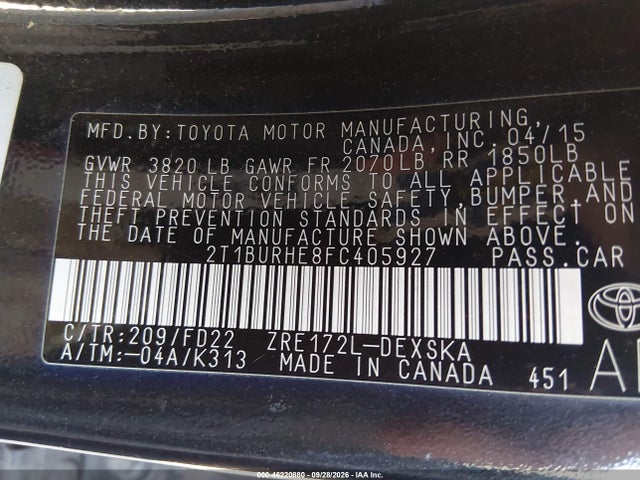 46220880 :رقم المزاد ، 2T1BURHE8FC405927 vin ، 2015 Toyota Corolla S Plus مزاد بيع
