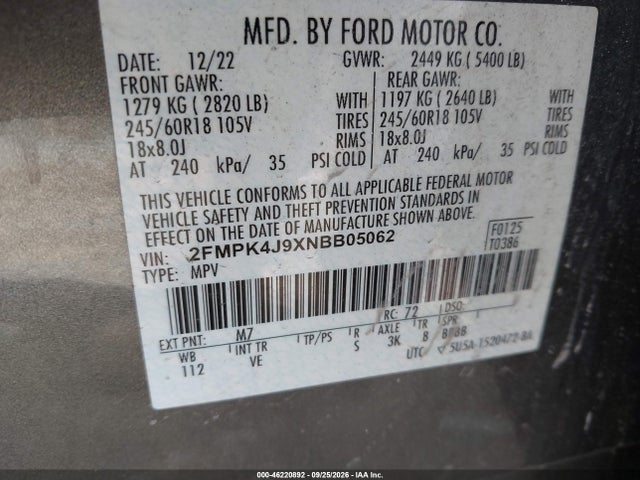 2022 Ford Edge Sel მანქანა იყიდება აუქციონზე, vin: 2FMPK4J9XNBB05062, აუქციონის ნომერი: 46220892
