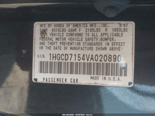 46220896 :رقم المزاد ، 1HGCD7154VA020890 vin ، 1997 Honda Accord Ex مزاد بيع