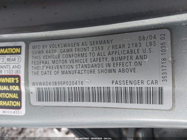 Продажа на аукционе авто 2005 Volkswagen Passat Gls/gls 1.8t, vin: WVWAD63B95P020416, номер лота: 46220903