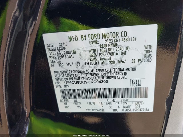 2012 Ford Escape Xlt მანქანა იყიდება აუქციონზე, vin: 1FMCU9DG9CKC04300, აუქციონის ნომერი: 46220913