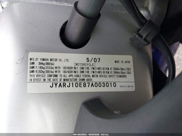 Продаж на аукціоні авто 2007 Yamaha Yzf600 R, vin: JYARJ10E87A003010, номер лоту: 46220922