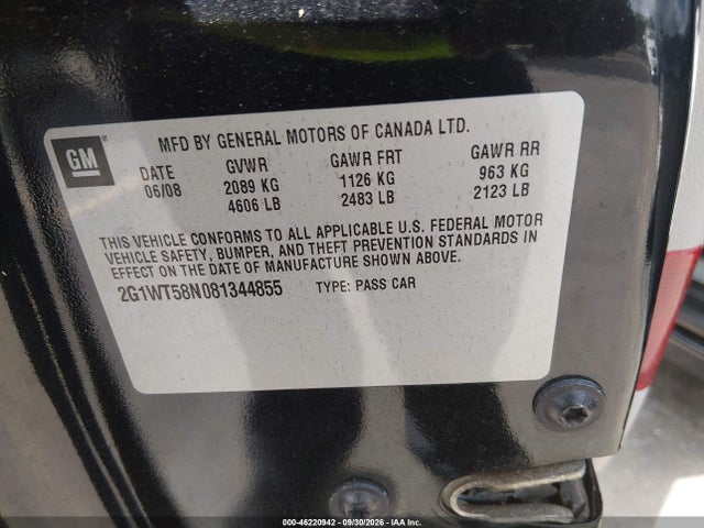 46220942 :رقم المزاد ، 2G1WT58N081344855 vin ، 2008 Chevrolet Impala Lt مزاد بيع