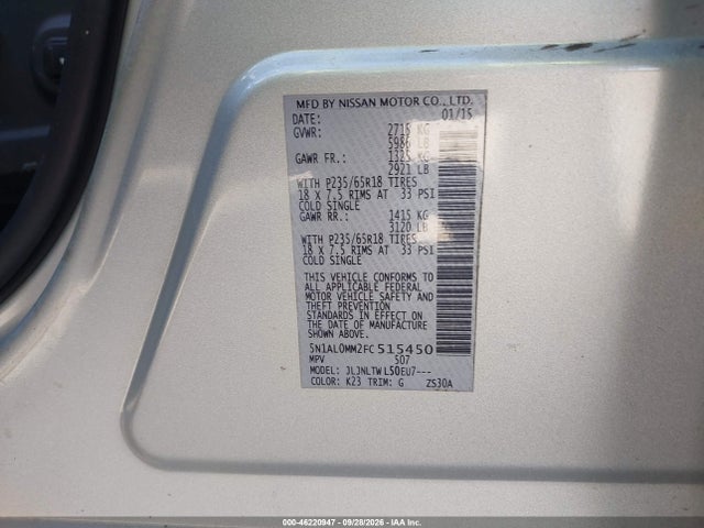 2015 Infiniti Qx60 მანქანა იყიდება აუქციონზე, vin: 5N1AL0MM2FC515450, აუქციონის ნომერი: 46220947