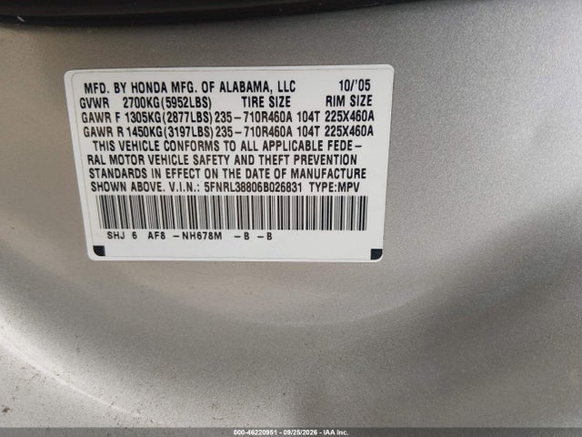 Продажа на аукционе авто 2006 Honda Odyssey Touring, vin: 5FNRL38806B026831, номер лота: 46220951