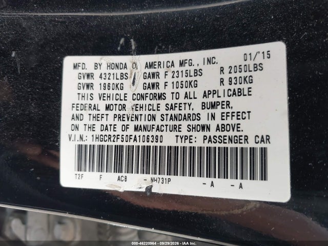 2015 Honda Accord Sport მანქანა იყიდება აუქციონზე, vin: 1HGCR2F50FA106390, აუქციონის ნომერი: 46220964