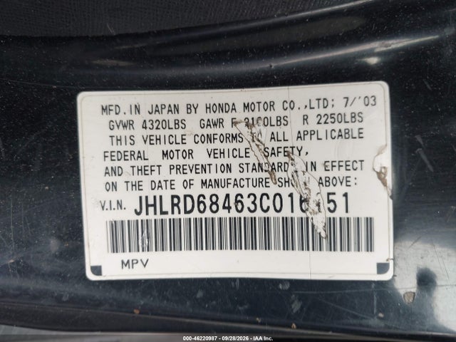 2003 Honda Cr-v Lx მანქანა იყიდება აუქციონზე, vin: JHLRD68463C016151, აუქციონის ნომერი: 46220987