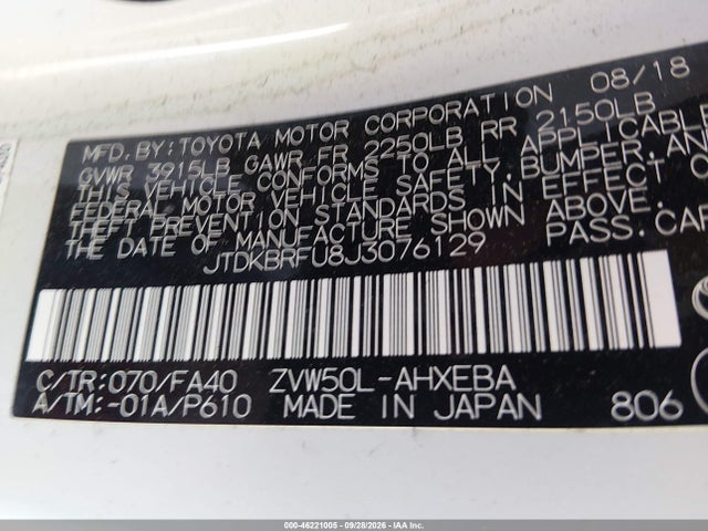 46221005 :رقم المزاد ، JTDKBRFU8J3076129 vin ، 2018 Toyota Prius مزاد بيع