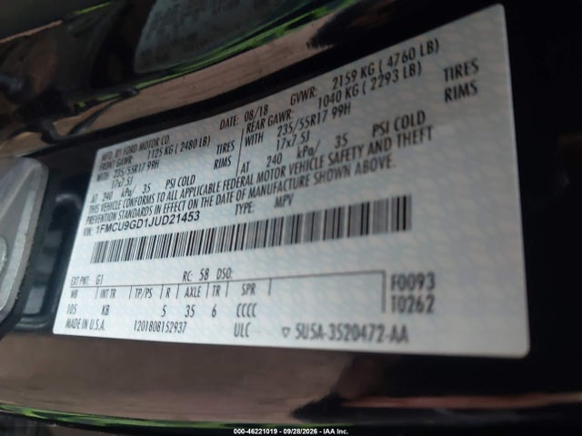 46221019 :رقم المزاد ، 1FMCU9GD1JUD21453 vin ، 2018 Ford Escape Se مزاد بيع