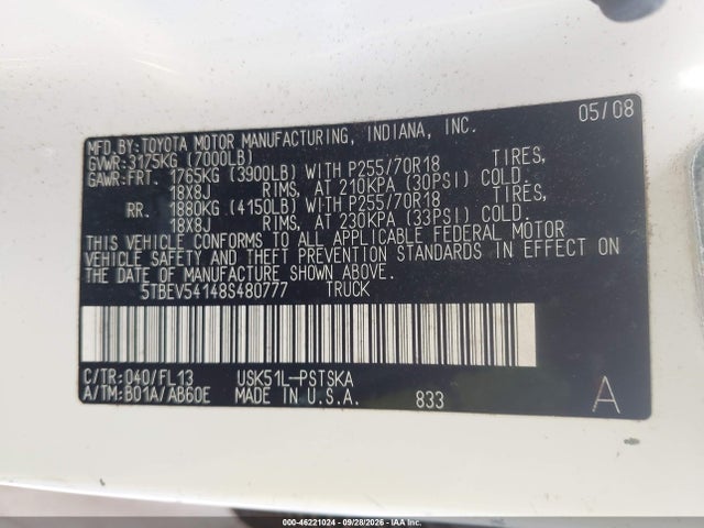 Aukcja sprzedaży 2008 Toyota Tundra Base 5.7l V8, vin: 5TBEV54148S480777, numer aukcji: 46221024