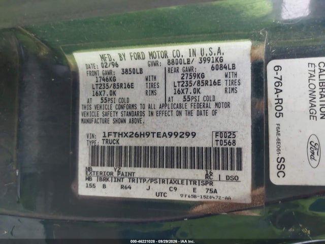 46221028 :رقم المزاد ، 1FTHX26H9TEA99299 vin ، 1996 Ford F250 مزاد بيع