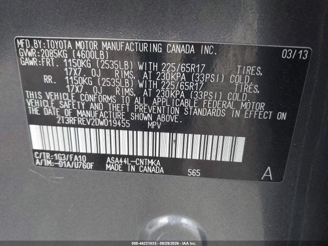 46221033 :رقم المزاد ، 2T3RFREV2DW019455 vin ، 2013 Toyota Rav4 Xle مزاد بيع
