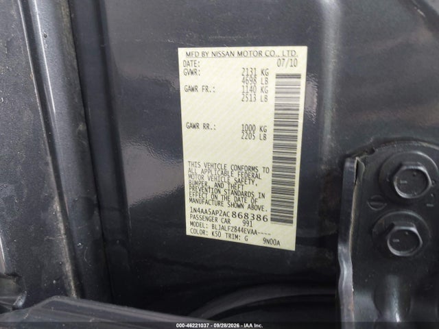 46221037 :رقم المزاد ، 1N4AA5AP2AC868386 vin ، 2010 Nissan Maxima 3.5 Sv مزاد بيع
