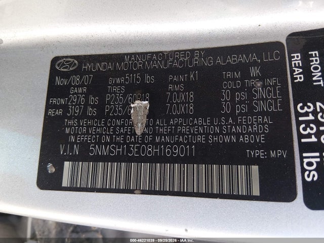 2008 Hyundai Santa Fe Limited/se მანქანა იყიდება აუქციონზე, vin: 5NMSH13E08H169011, აუქციონის ნომერი: 46221039