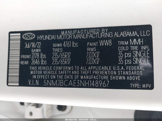 Продаж на аукціоні авто 2022 Hyundai Tucson Sel, vin: 5NMJBCAE3NH148967, номер лоту: 46221042